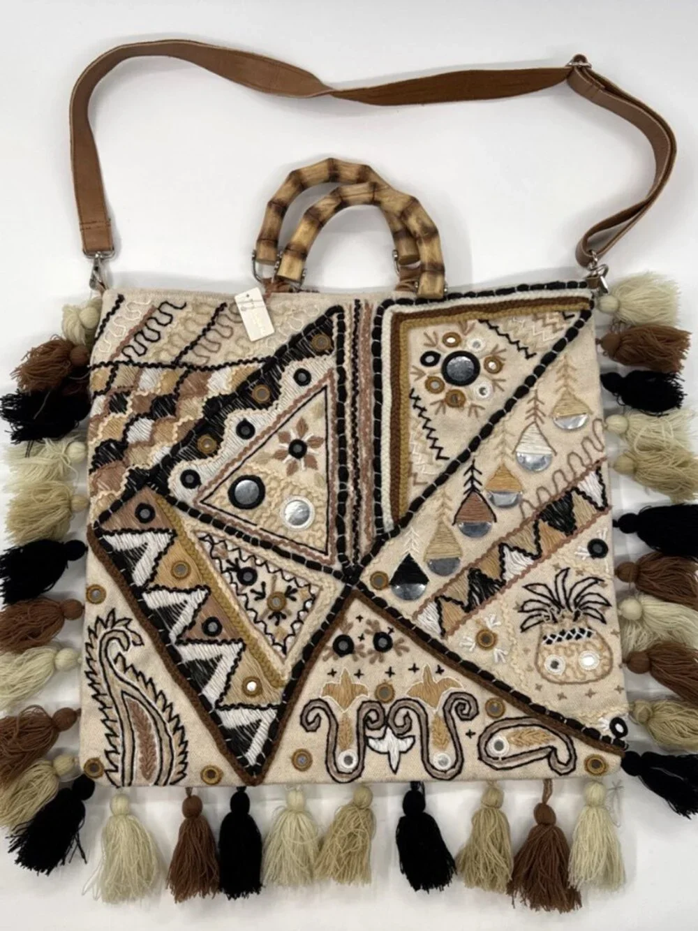 Fabulous MJ Wood Clasp Fringe Banjara Bag Tote Mirror Embroidered Tassel NEW